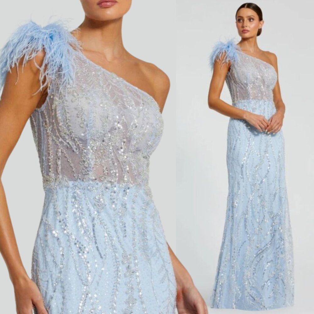 Mac Duggal 20887 Womens Size 2 Light Blue Feather One Shoulder Gown Maxi Dress